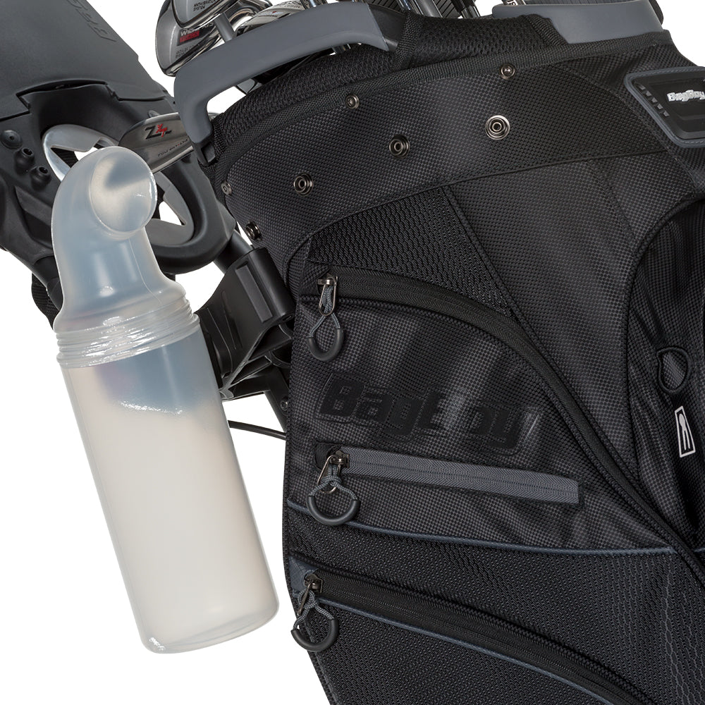 Sand Seed Bottle Clipped to BagBoy Nitron Push Cart Mount